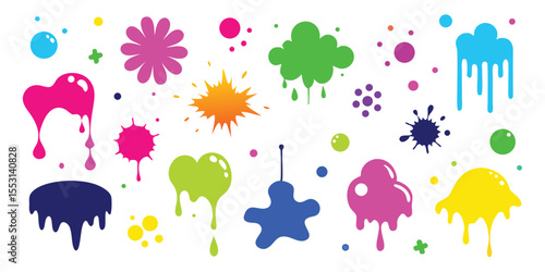 Colorful collection of blots and stains creates a vibrant decorative element with transparent background