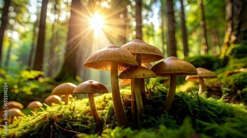 Group of mushrooms growing on mossy forest floor under a sunlit canopy of trees