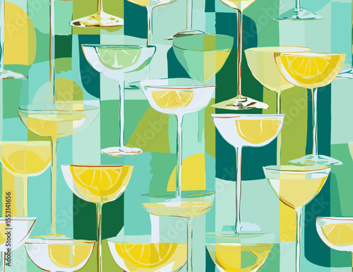 Colorful cocktail glasses with lemon slices on geometric background  