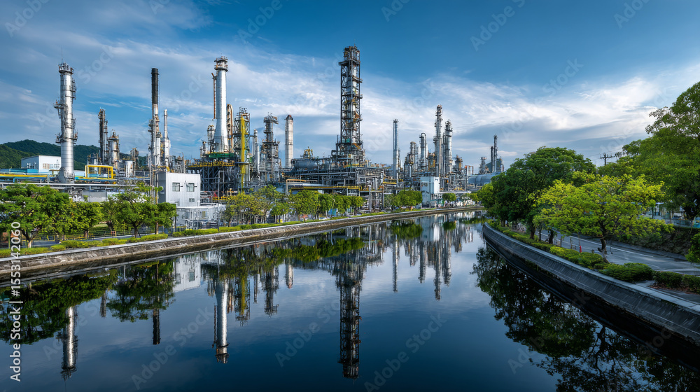 Obraz premium An oil refinery surrounded by greenery under a blue sky, highlighting eco-friendly industrial infrastructure