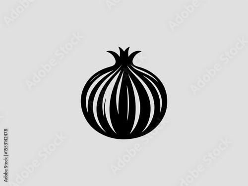 Elegant black onion silhouette vector logo with botanical line art details 