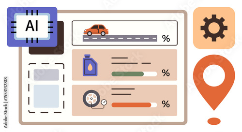 AI chip links to vehicle dashboard displaying fuel, tire pressure, and distance. Includes map pin and gear icon. Ideal for logistics, fleet management, smart tech, navigation, safety IoT simple