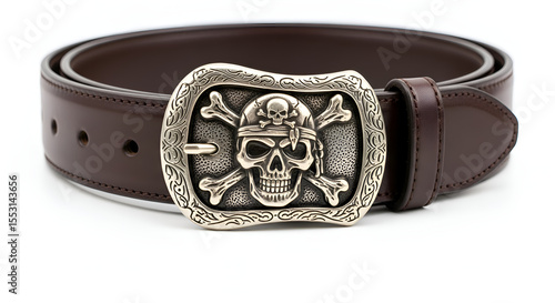 A close up dark brown leather belt with pirate buckle, laid flat on white background