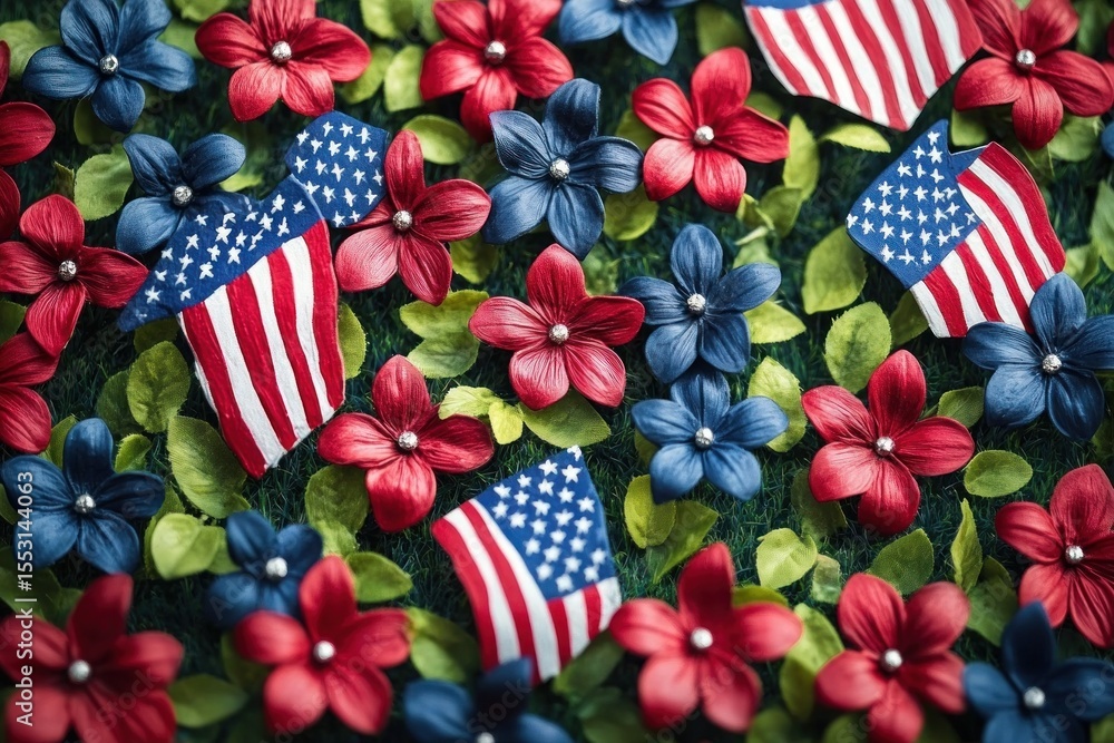 Fototapeta premium Vibrant red and blue flowers densely packed with small American flag decorations among green leaves creating a patriotic festive display