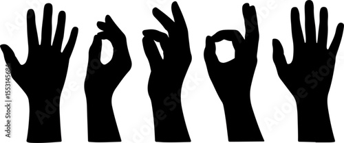 Black hand silhouettes showing different hand gestures on a white background including open palm and O K sign