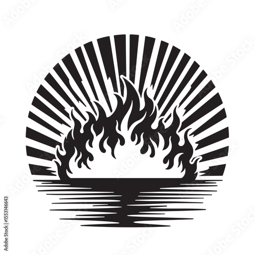 A striking vintage art silhouette showcasing flames with rays of light emanating from behind in a circular design