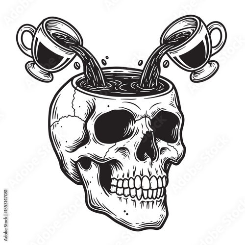 A vintage art silhouette of a skull with cups of coffee pouring into its open head for a unique design