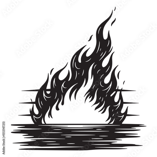 A vintage black and white silhouette of a blazing fire flame design perfect for graphic design and illustrations