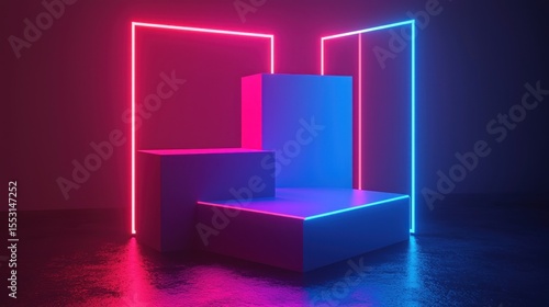 Neon light display with tiered cubic platforms.