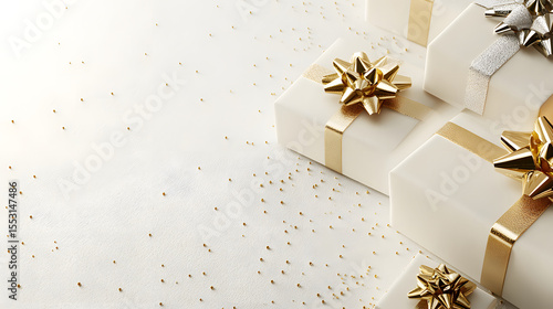 Elegant white gift boxes with gold and silver ribbons and bows. Festive holiday background.