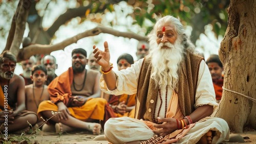 An old Indian guru surrounded by his disciples