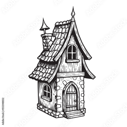 Detailed vintage art silhouette illustration of a charming fantasy cottage with architectural detail in black and white