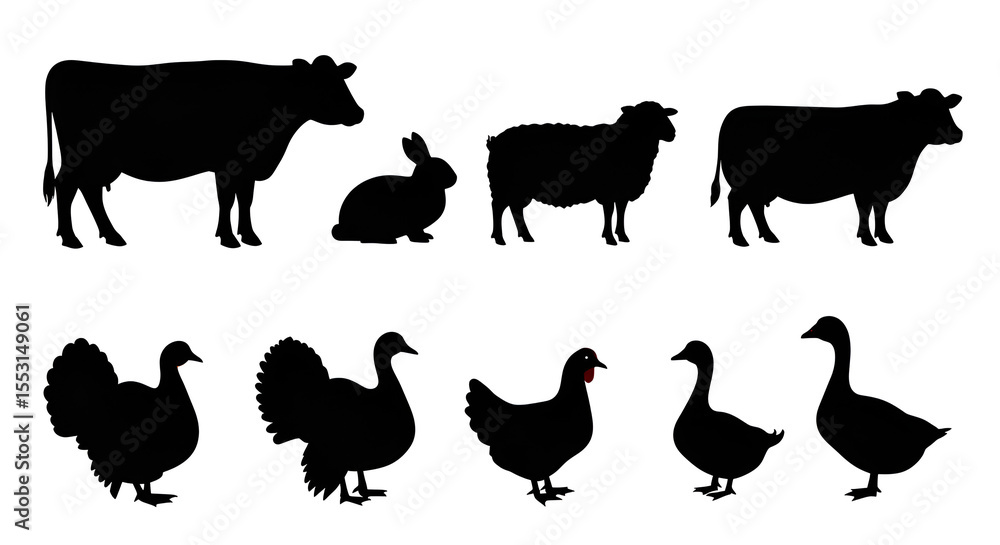 Fototapeta premium Farm animals silhouetted against a white backdrop