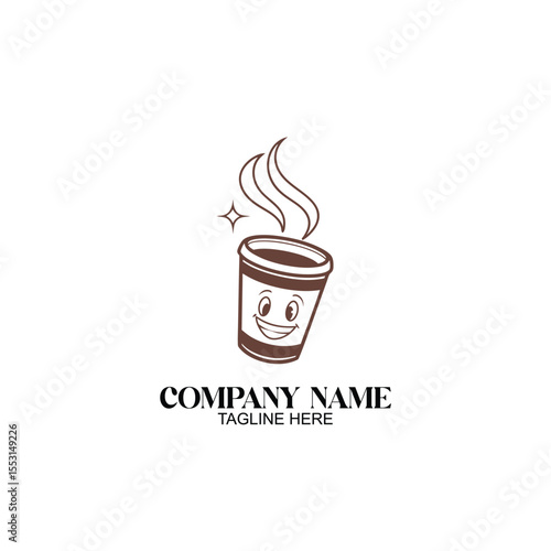 Smiling Coffee Cup: A delightful cartoon illustration of a steaming coffee cup with a cheerful face, inviting and warm, ready to brighten your day. 