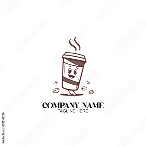 Cheerful coffee cup: A whimsical cartoon illustration of a takeaway coffee cup with a smiling face and steam rising, accompanied by coffee beans, ready for use in your business or project.