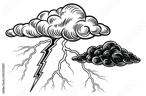 Vintage Hand-Drawn Storm Clouds with Lightning Illustration
