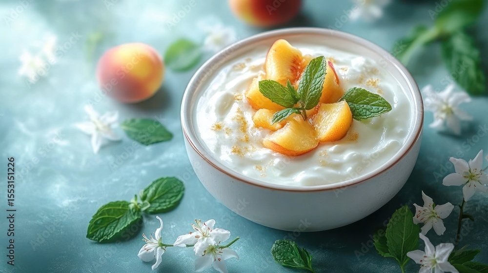 fresh yogurt bowl topped with sliced apricots and mint leaves surrounded by apricots, fresh mint leaves, and small white flowers on a textured turquoise surface fresh yogurt bowl topped with sliced apricots and mint leaves surrounded by apricots, fresh mint leaves, and small white flowers on a textured turquoise surface