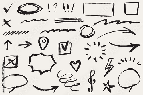 Chalk scribble doodle arrow, line elements set. Arrow, underline, handwritten mark check. Rough hand drawn marker sketch with brush grunge texture. Vector chalkboard illustration of pencil drawing.