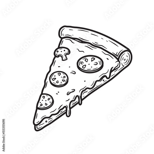 Hand drawn vintage art silhouette pizza slice featuring tomato mushrooms and melted cheese illustration