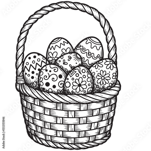 Intricate black and white vintage art silhouette illustration of an easter basket full of decorated eggs for holiday celebration