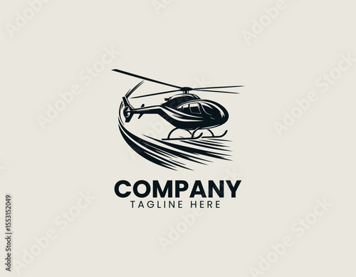 Black silhouette of flying helicopter in minimal vector logo design for defense aviation