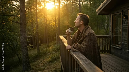 Man enjoying coffee outdoors at sunset