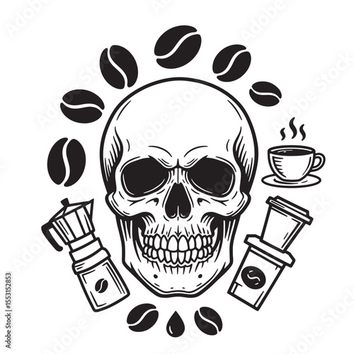Spooky skull design encircled by coffee beans cups and a moka pot vintage art silhouette