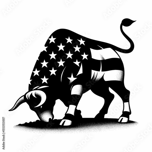 A Bulls sniffing ground searching. Independence Day 4th of July American Flag Patriotism Usa America Clipart Line Art Vector Illustration. Bovine investigating earth browsing forage hunting.