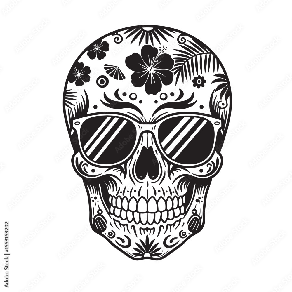 Fototapeta premium Vector illustration of a decorated skull wearing sunglasses with tropical flower and leaf patterns vintage art silhouette.