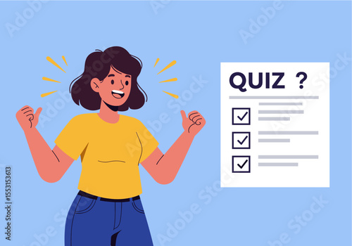 Excited Woman Celebrating Quiz Success Illustration.