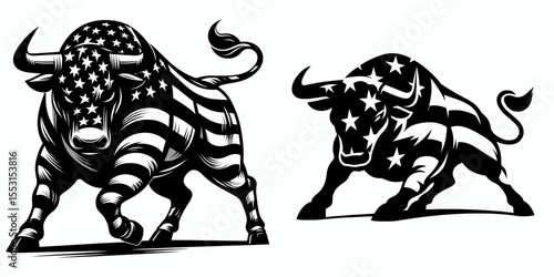 A Bulls shifting stance readiness. Independence Day 4th of July American Flag Patriotism Usa America Clipart Line Art Vector Illustration. team preparing to adapt its posture and adjust.