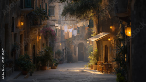 Romantic couple strolls through a European alley at sunset