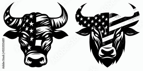 A Bulls locking eyes tension. Independence Day 4th of July American Flag Patriotism Usa America Clipart Line Art Vector Illustration. bovine intense gaze feeling nervousness strain.