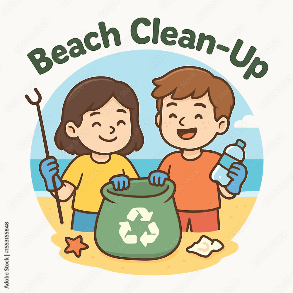 Beach Clean Up Cartoon Vector Kids Cleaning the Beach Environmental Awareness Illustration Beach Clean Up Cartoon Vector Kids Cleaning the Beach Environmental Awareness Illustration