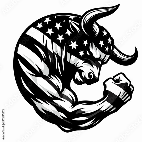 A Bulls clashing horns thunderous. Independence Day 4th of July American Flag Patriotism Usa America Clipart Line Art Vector Illustration. male bovine fighting strong crash boom sound.