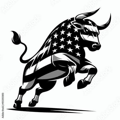 A Bulls charging forward tandem. Independence Day 4th of July American Flag Patriotism Usa America Clipart Line Art Vector Illustration. Team with pace moving ahead forceful offensive duo.