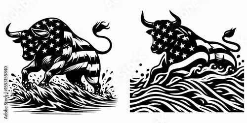 A Bulls bracing river current. Independence Day 4th of July American Flag Patriotism Usa America Clipart Line Art Vector Illustration. bovine resisting strong water flow adventure danger.