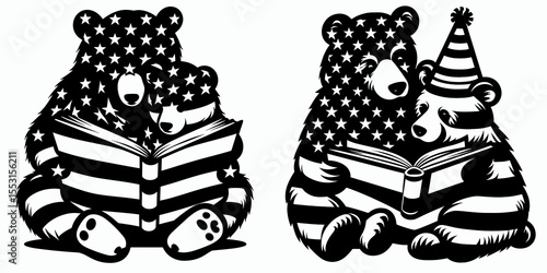 A Bears reading storybook together. Independence Day 4th of July American Flag Patriotism Usa America Clipart Line Art Vector Illustration. Mammal family love literature enjoying narrative.