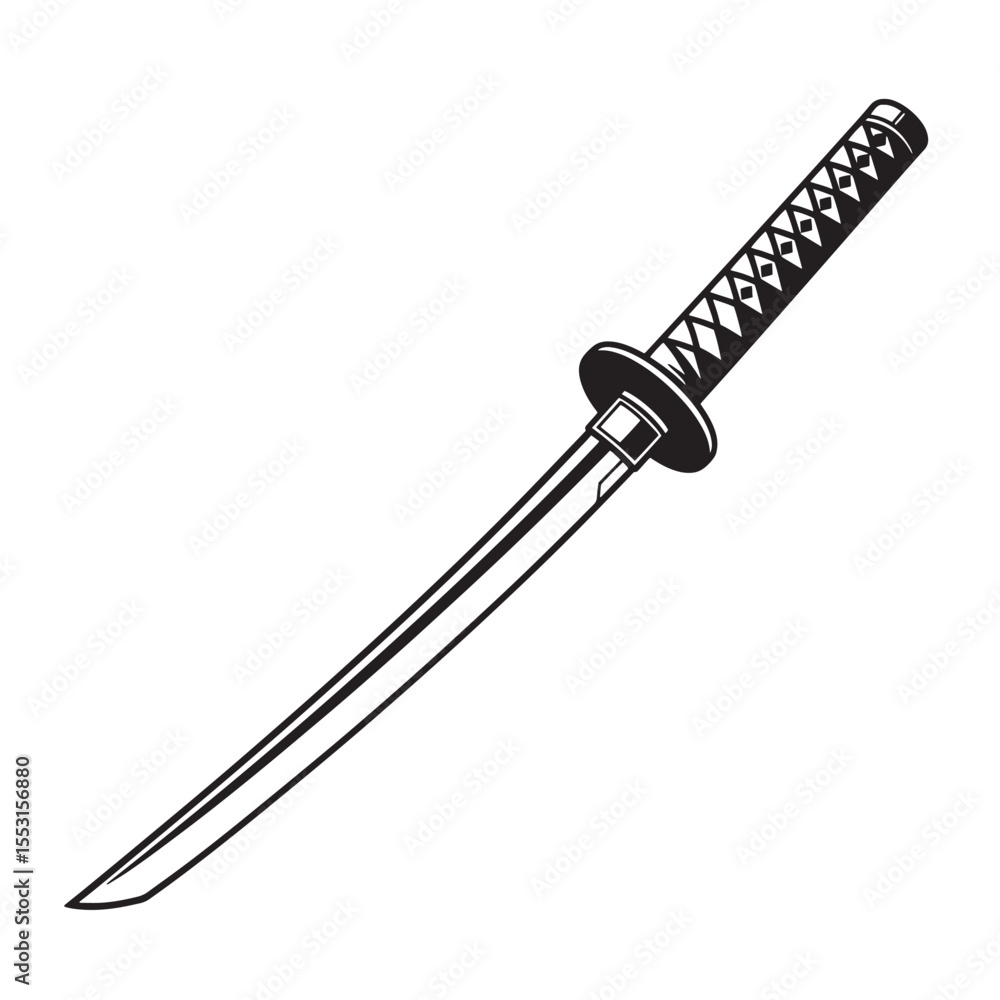 A classic and detailed vector silhouette of a traditional japanese katana sword with historical design and vintage art. A classic and detailed vector silhouette of a traditional japanese katana sword with historical design and vintage art.