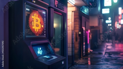 Bitcoin ATM in Neon Cityscape: Illuminated Bitcoin ATM in a cyberpunk city, showcasing financial innovation amidst a vibrant, futuristic urban landscape.