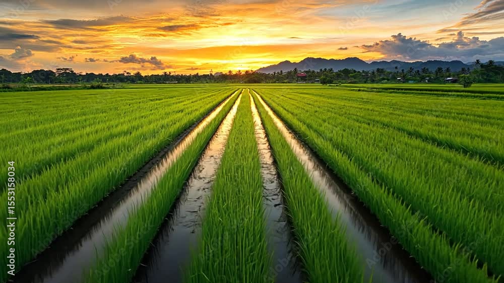 Serene sunset over lush green rice paddies, with parallel water channels reflecting the golden sky Serene sunset over lush green rice paddies, with parallel water channels reflecting the golden sky