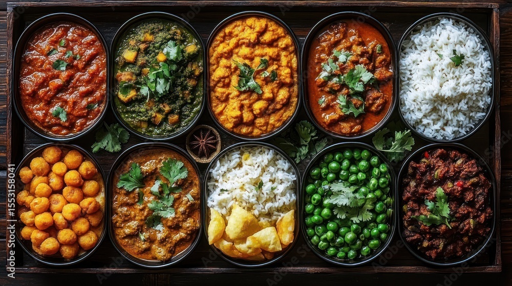 Tray with a variety of colorful Indian-style vegetarian dishes including curries, rice, green peas, and snacks, garnished with fresh cilantro, arranged neatly in bowls Tray with a variety of colorful Indian-style vegetarian dishes including curries, rice, green peas, and snacks, garnished with fresh cilantro, arranged neatly in bowls