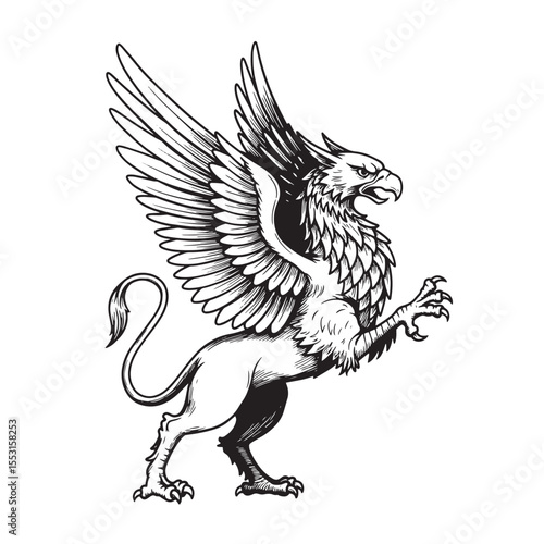 A powerful vintage art silhouette illustration of a griffin mythical creature ready to strike with talons displayed prominently.