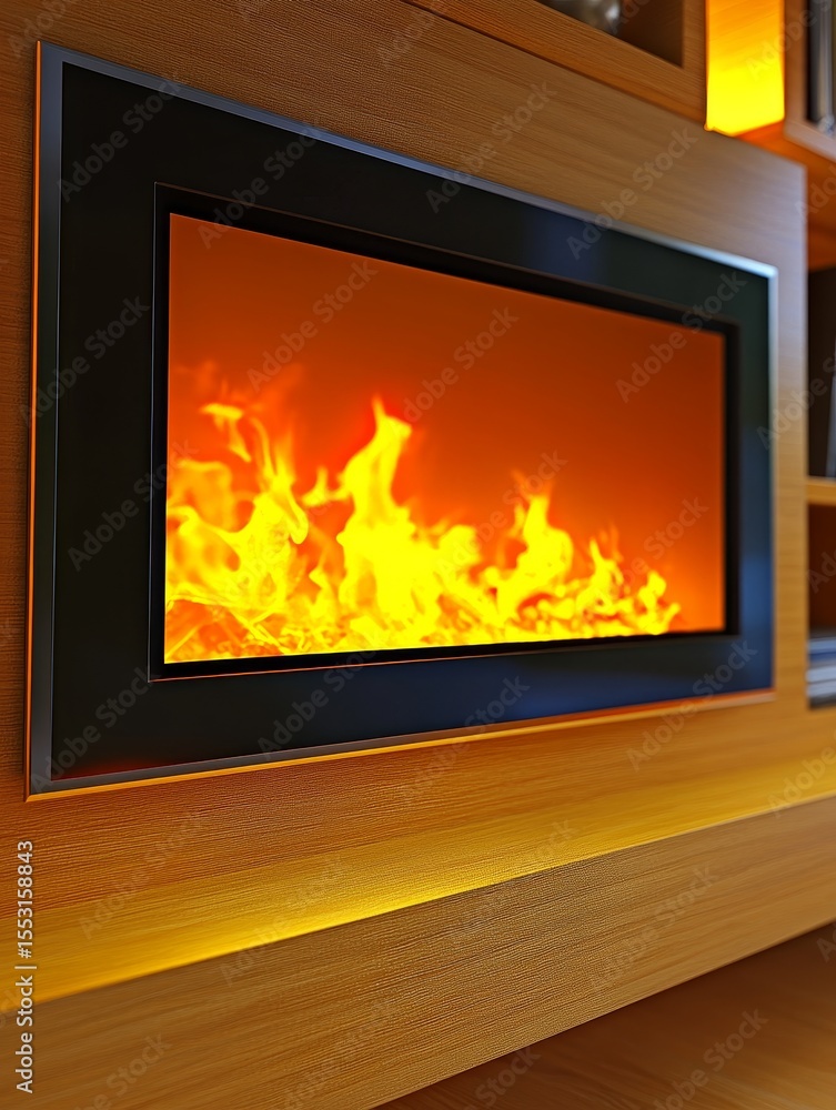 Fototapeta premium A sleek, built in electric fireplace with vibrant flame display, set in a wooden entertainment unit, creates a warm and inviting atmosphere in a contemporary living space