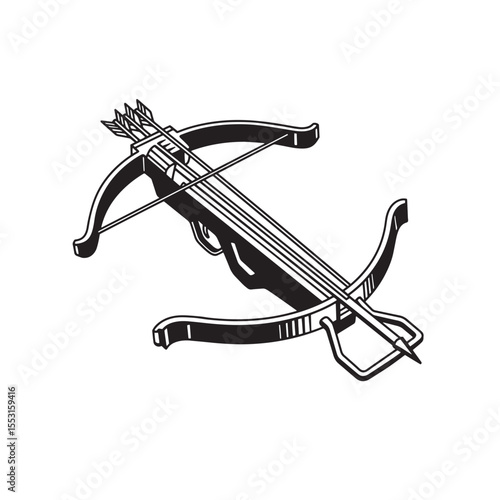 Artistic black and white vintage art silhouette of a medieval crossbow ready with arrows on a clean white background