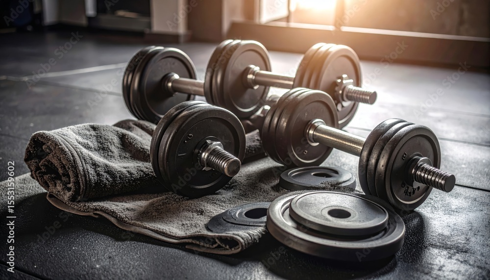 Naklejka premium Dumbbells on Mat with Weight Plates and Towel in Gym Environment