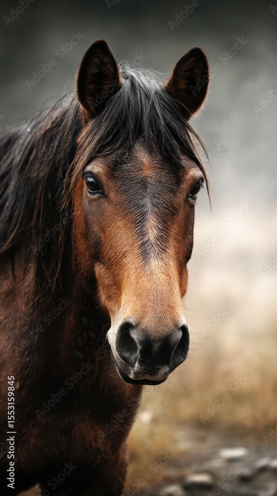 Brown horse with long mane stands majestically in a serene meadow during early morning light Brown horse with long mane stands majestically in a serene meadow during early morning light