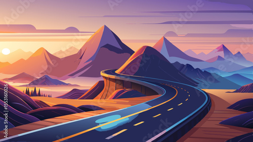 A sleek winding road ascending through vast ethereal mountains at golden hour, minimalist peaks fading into soft mist, ambient pastel sky with warm light gradients, futuristic and dreamlike atmosphere