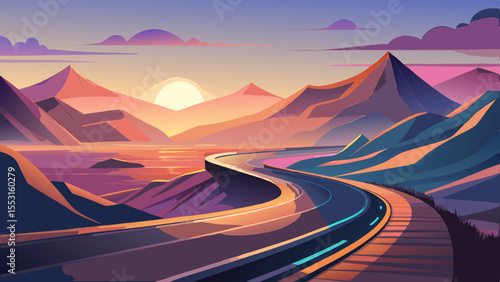 A sleek winding road ascending through vast ethereal mountains at golden hour, minimalist peaks fading into soft mist, ambient pastel sky with warm light gradients, futuristic and dreamlike atmosphere