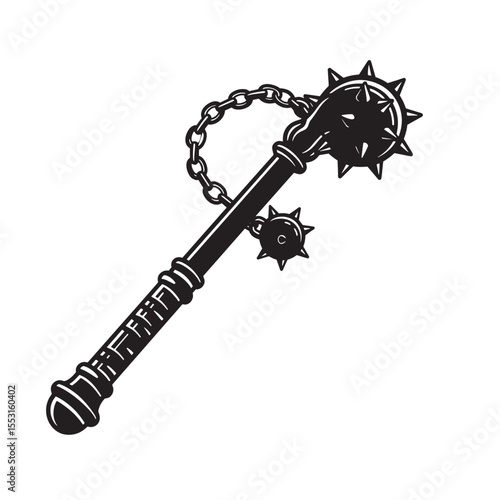 Detailed illustration of a vintage art silhouette flail weapon on a white background ready for medieval themes